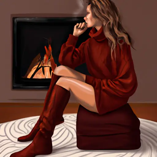 An image of a woman sitting by a fireplace, wearing a chunky cable-knit sweater dress in a rich burgundy color
