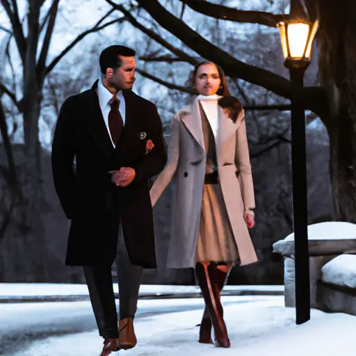An image showcasing a stylish couple strolling hand in hand through a snow-covered park at dusk