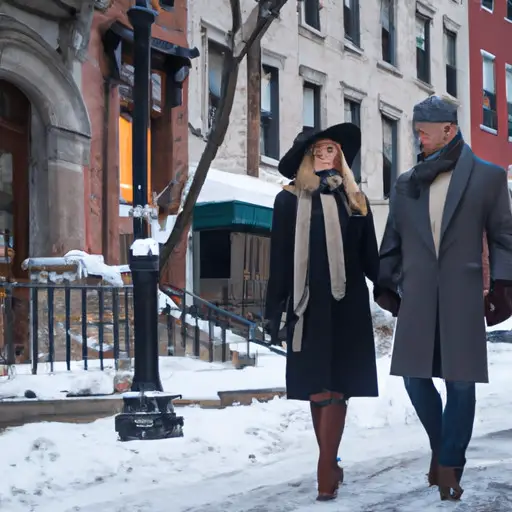 Ivating image showcasing a fashion-forward couple strolling arm in arm through a charming snow-covered city street