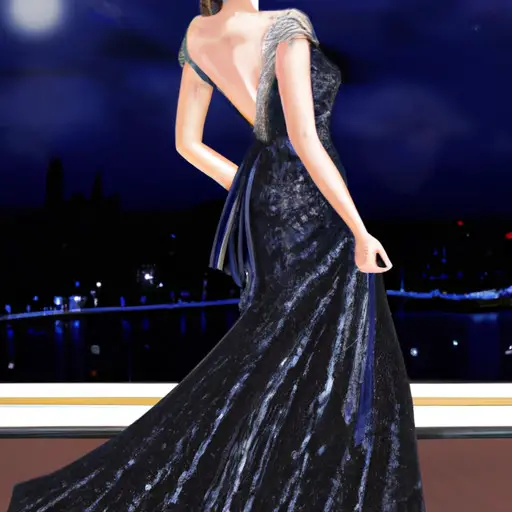 An image showcasing a stunning evening scene with a sophisticated woman wearing a floor-length, navy blue gown, adorned with delicate lace and sparkling sequins, exuding timeless elegance for a dinner affair