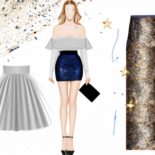 An image showcasing a sophisticated dinner outfit idea for ladies: a striking knee-length sequined pencil skirt in deep navy, paired with a delicate off-the-shoulder blouse in soft blush, and accessorized with a statement metallic clutch and strappy stiletto heels