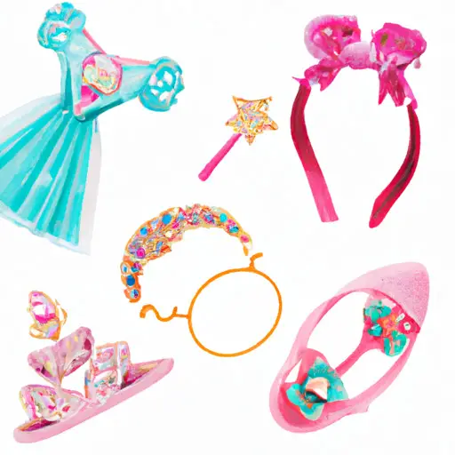 An image showcasing a dazzling array of Disney princess apparel and accessories, including sparkling tiaras, elegant ballroom gowns, enchanting glass slippers, and whimsical charm bracelets, perfect for surprising your girlfriend with Disney magic