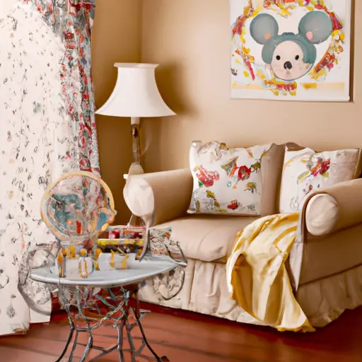 An image showcasing a cozy living room adorned with enchanting Disney-themed home decor