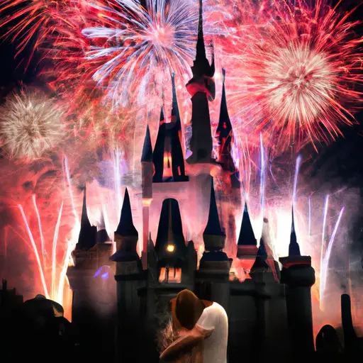 An image showcasing a couple sharing a magical kiss in front of Cinderella's Castle, surrounded by vibrant fireworks exploding in the night sky, capturing the essence of unforgettable Disney experiences and adventures for a girlfriend