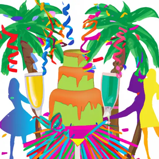 An image of a vibrant, tropical-themed divorce party, with colorful, oversized cocktail glasses filled with confetti, a custom-made piñata shaped like a wedding cake, and guests wearing leis while dancing joyfully under palm trees