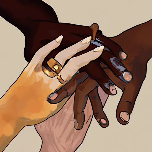An image showcasing two divorced Catholics holding hands, wearing wedding rings, while surrounded by a warm, welcoming community of diverse individuals