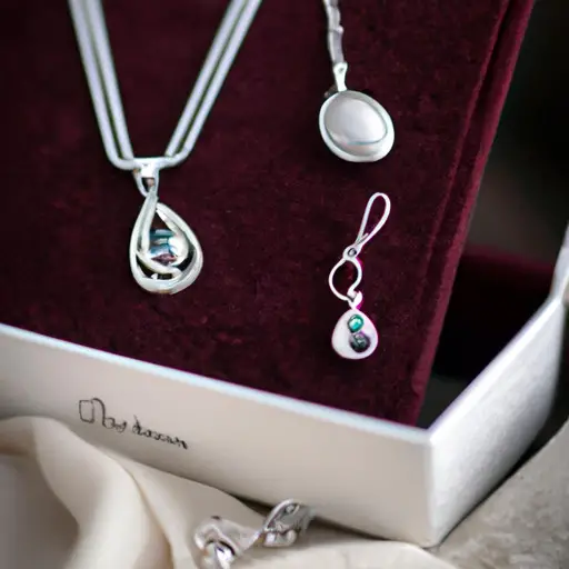 An image showcasing a delicate silver pendant necklace with a personalized birthstone charm, accompanied by a pair of elegant handmade silver earrings, all beautifully displayed on a velvet-lined jewelry box