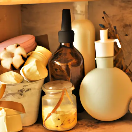 An image showcasing a rustic wooden shelf adorned with an array of beautifully crafted handmade bath and body products, including luxurious soaps, aromatic bath bombs, silky scrubs, and fragrant body oils