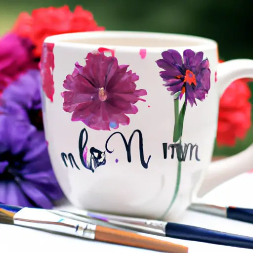 An image featuring a beautifully hand-painted ceramic mug nestled in a bed of vibrant, freshly bloomed flowers