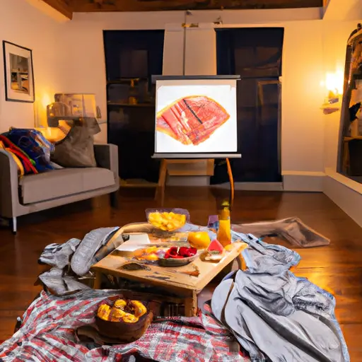 An image featuring a cozy, candlelit living room with a handmade picnic blanket spread on the floor