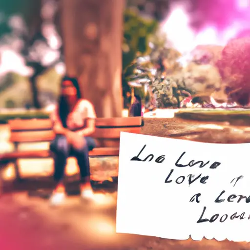 An image of a Filipina sitting alone on a park bench, holding a handwritten love letter with tear stains, while a blurred silhouette of her partner fades in the distance