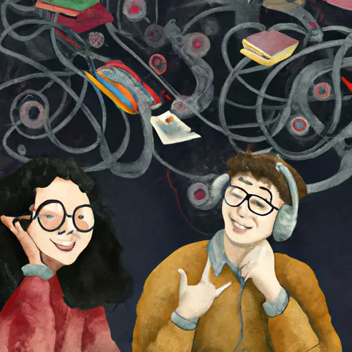 An image showcasing a girl engrossed in a conversation with a bespectacled guy, as they discuss astrophysics and laugh, surrounded by books, gadgets, and an artistic representation of brain waves