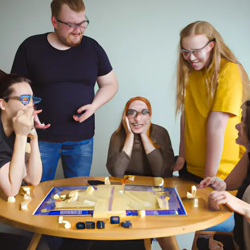 An image featuring a diverse group of girls and nerdy guys gathered around a gaming table, engrossed in a stimulating board game