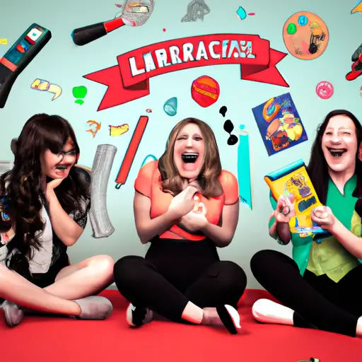An image of a diverse group of girls laughing heartily while surrounded by a collection of nerdy objects like comic books, video games, and science equipment, celebrating their unique interests and embracing their inner nerds