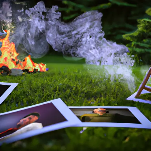 An image of a serene garden, with a person standing in front of a bonfire, gently placing photographs of their ex into the flames