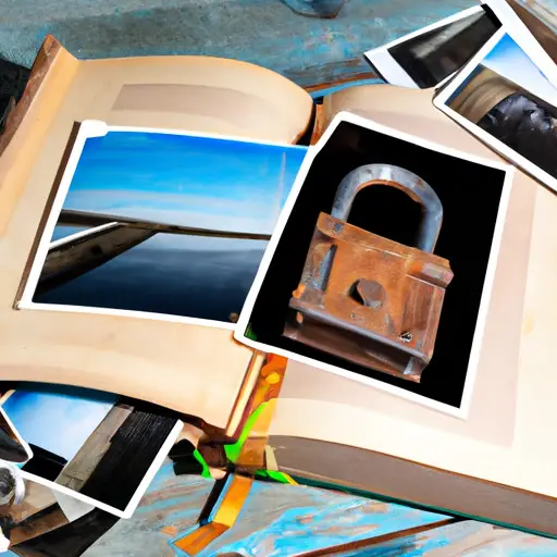 An image of a photo album with a broken lock on it, lying open on a table