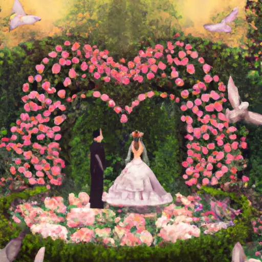 An image depicting a serene garden adorned with vibrant flowers, where a bride and groom exchange vows under a blooming arch