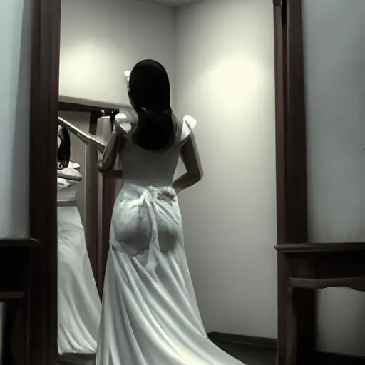 An image of a dimly lit room with a solitary figure standing in front of a mirror, wearing a wedding dress