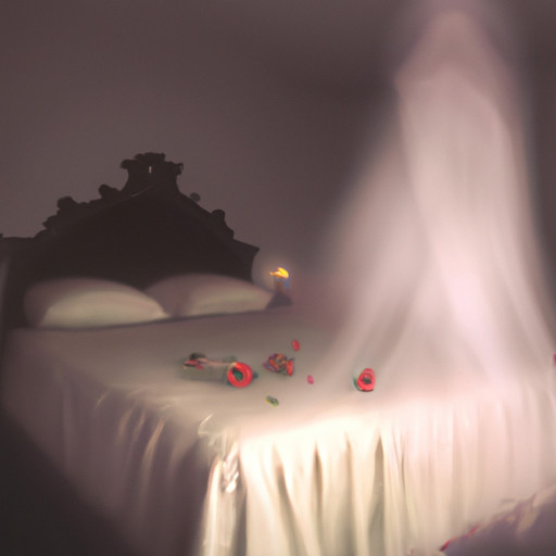 An image featuring a dimly lit bedroom with a bed draped in white fabric, adorned with wilting roses