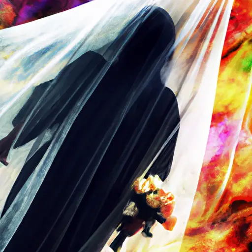 An image of a vividly colored wedding scene with an ominous undertone, featuring a mysterious figure in a black veil, symbolizing the enigmatic connection between dreaming of marriage and the concept of death