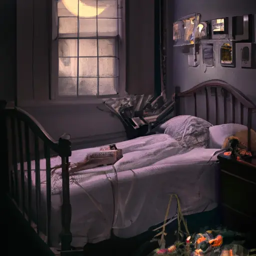 An image that portrays a dimly lit bedroom, with a solitary figure lying motionless on a bed, surrounded by wilted wedding flowers and a foreboding moon casting an eerie glow through the window