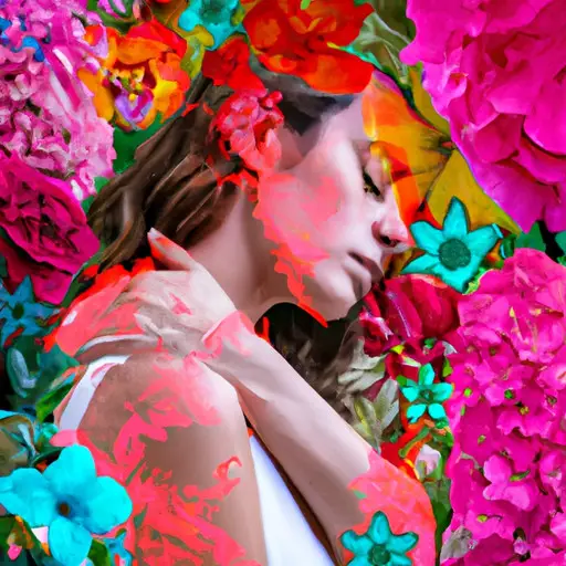 An image depicting a serene woman surrounded by vibrant, blooming flowers, radiating a healthy glow