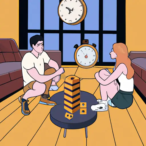 An image showcasing a lively living room scene where two couples sit facing each other, their eyes fixed on a chessboard, with a stack of Jenga blocks on the side, and a stopwatch ready to time their intense game night