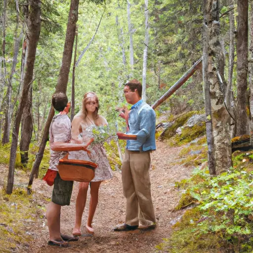 An image showcasing two couples hiking through a scenic forest trail