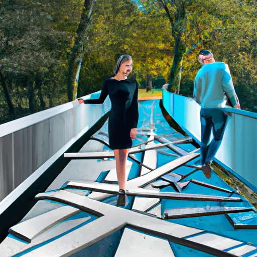 An image of a woman standing on a bridge, torn between two paths