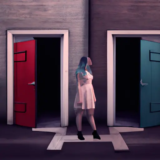 An image that portrays a woman standing at a crossroad, torn between two doors