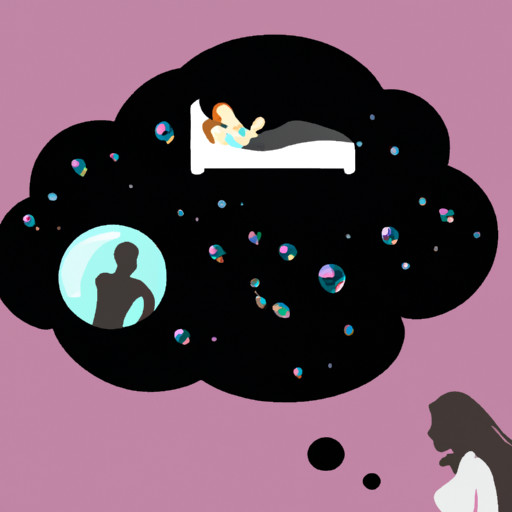 An image depicting a woman sleeping peacefully, her ex-boyfriend appearing as a faint silhouette in her dream bubble, while her current boyfriend stands protectively outside the bubble, symbolizing the impact of such dreams on their relationship