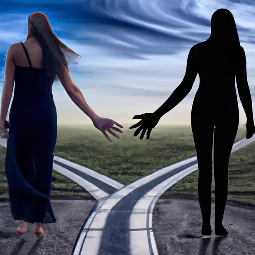 An image that portrays a woman standing at a crossroads, one path leading to her ex-boyfriend's silhouette fading away, while the other path shows her holding hands with her current boyfriend, symbolizing the choices one faces when dealing with dreams about past and present relationships