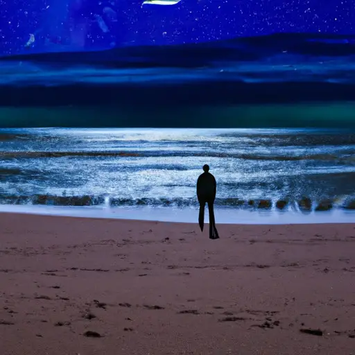 An image of a starry night sky with a full moon illuminating a deserted beach
