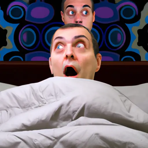 An image showing a person awakening in bed, eyes wide with surprise, as a familiar figure from their past stands beside them