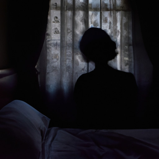 An image featuring a dimly lit bedroom with a person's silhouette standing at the window, separated by a curtain