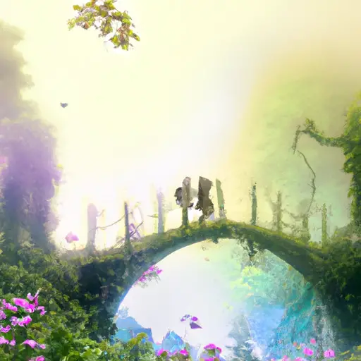 An image capturing the essence of a dreamlike bridge crossing: two silhouettes hand-in-hand, braving a misty abyss beneath, while vibrant flora envelops the ancient structure, symbolizing connection, transformation, and growth