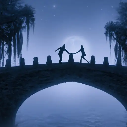 An image capturing a serene moonlit night, where two silhouettes traverse a majestic stone bridge, their intertwined hands expressing trust and vulnerability, symbolizing the emotional connection experienced while exploring the dream of crossing a bridge with someone