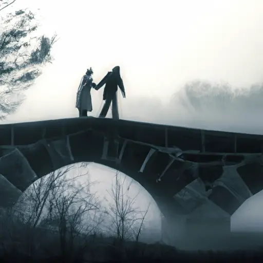 An image showcasing two silhouettes crossing a majestic, arched stone bridge amidst a thick fog