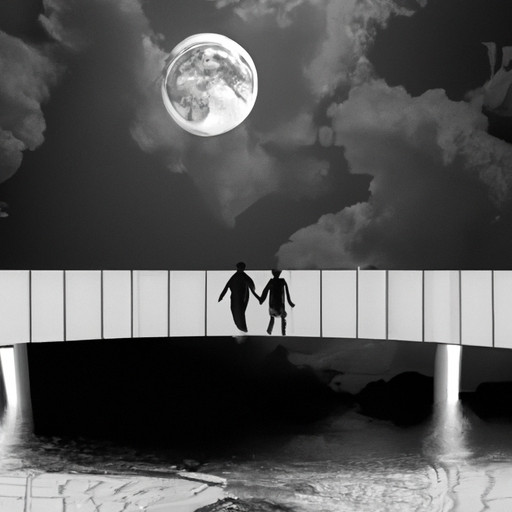 An image of two silhouetted figures walking hand in hand across a moonlit bridge, casting long shadows on the shimmering water below