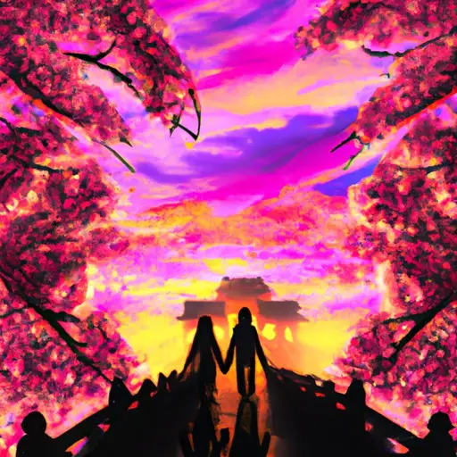 An image of two silhouetted figures, hand-in-hand, walking across a majestic arched bridge adorned with vibrant cherry blossoms, as a cascading sunset lights up the sky with hues of orange and pink