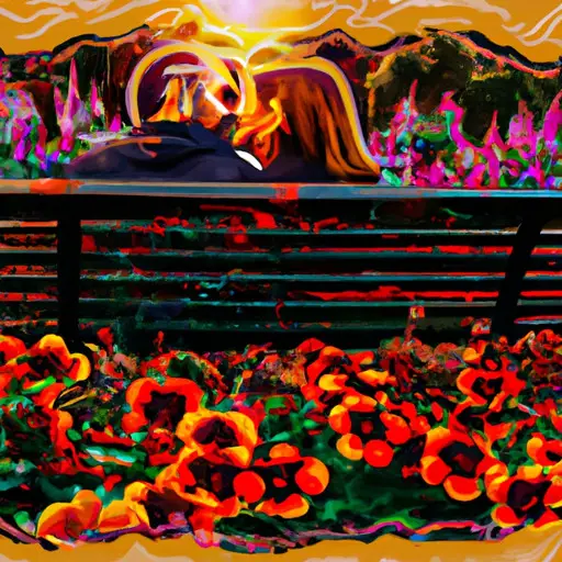 An image depicting a sunlit park bench, adorned with vibrant flowers, where a couple, eyes locked in electric intensity, share a stolen moment, capturing the essence of a serendipitous love at first sight