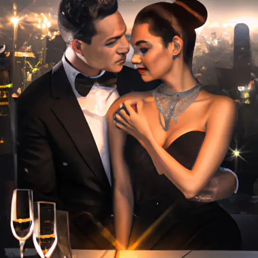 An image showcasing a glamorous couple on a dimly lit rooftop restaurant