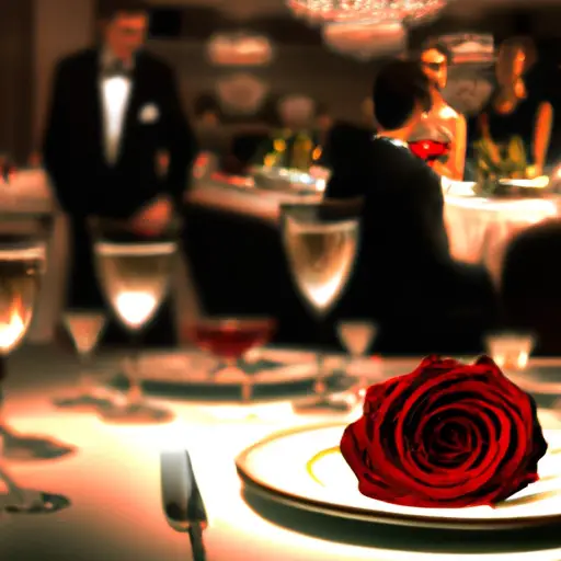 An image showcasing an elegantly set dining table with fine china, sparkling crystal glasses, and a single red rose, while a couple dressed in chic formal attire embraces in the background