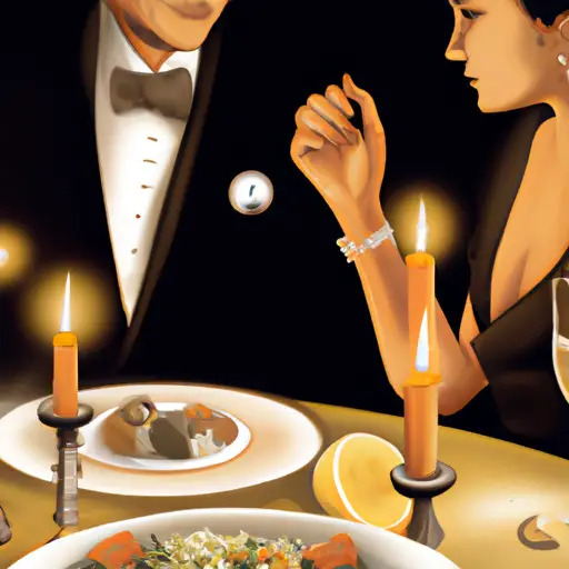  an image showcasing a well-dressed couple sitting at a candle-lit dinner table, where the man is subtly wearing a sleek silver watch and the woman's elegant dress is complemented by a delicate pearl necklace and sparkling diamond earrings