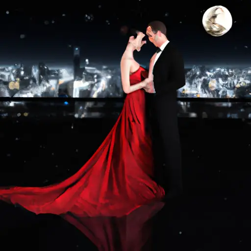 An image of an elegant couple standing on a moonlit terrace overlooking a sparkling city skyline