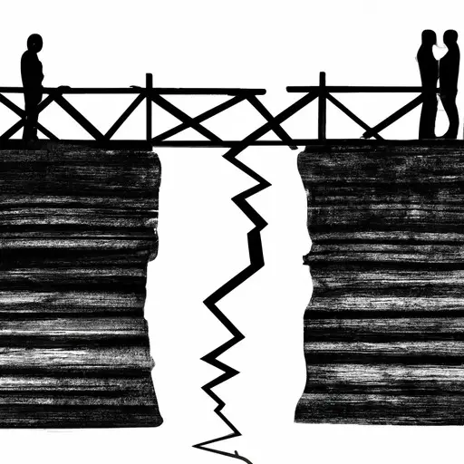An image depicting two silhouetted figures standing on opposite ends of a crumbling bridge, symbolizing the erosion of connection