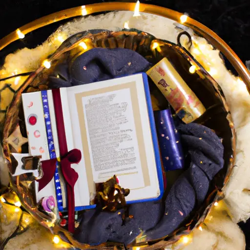 An image showcasing a beautifully wrapped gift basket filled with personalized ornaments, a cozy blanket, and a handwritten recipe book, surrounded by twinkling lights and a festive wreath