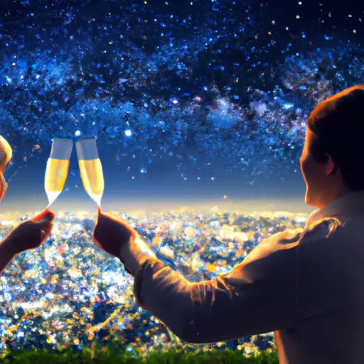 An image that captures the essence of celebrating a special occasion away from home - a couple toasting champagne glasses against a breathtaking backdrop of twinkling city lights under a starry night sky