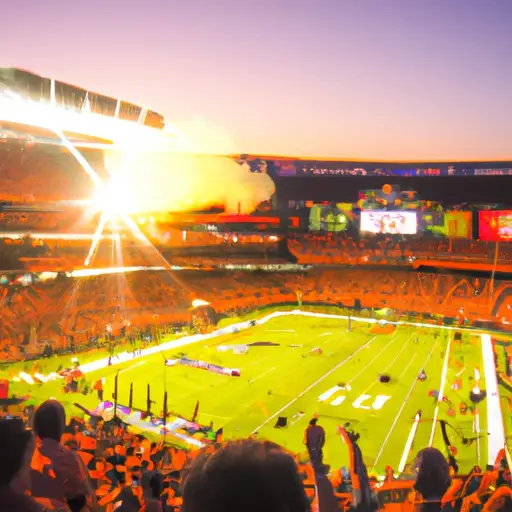 An image capturing the vibrant chaos of a bustling stadium, with roaring crowds, colorful flags, and athletes in action