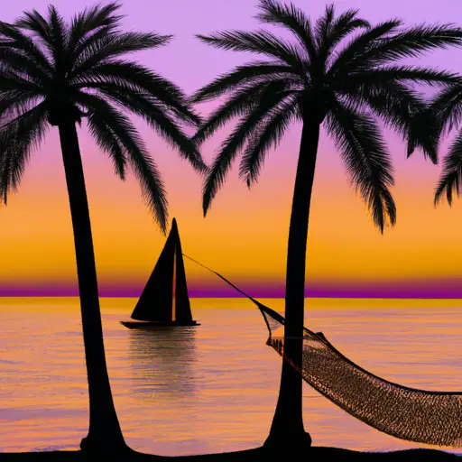 An image showcasing a serene beach sunset, with a solitary hammock gently swaying between two palm trees